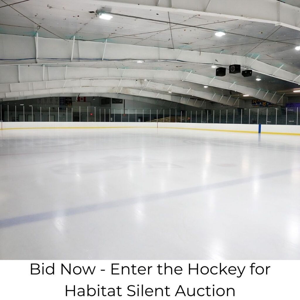 An empty hockey arena with black text in a white box below it that reads "Bid Now - Enter the Hockey for Habitat Silent Auction".