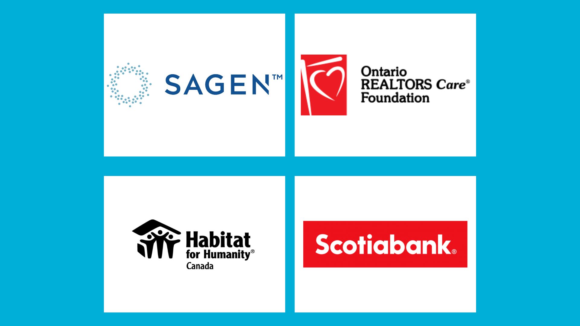 Logos of SAGEN, Ontario Realtors Care Foundation, Habitat for Humanity Canada and Scotiabank.