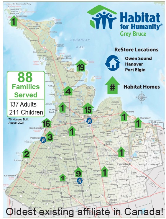 88 Families Served: Map of Grey Bruce with Pins Added to Various Locations