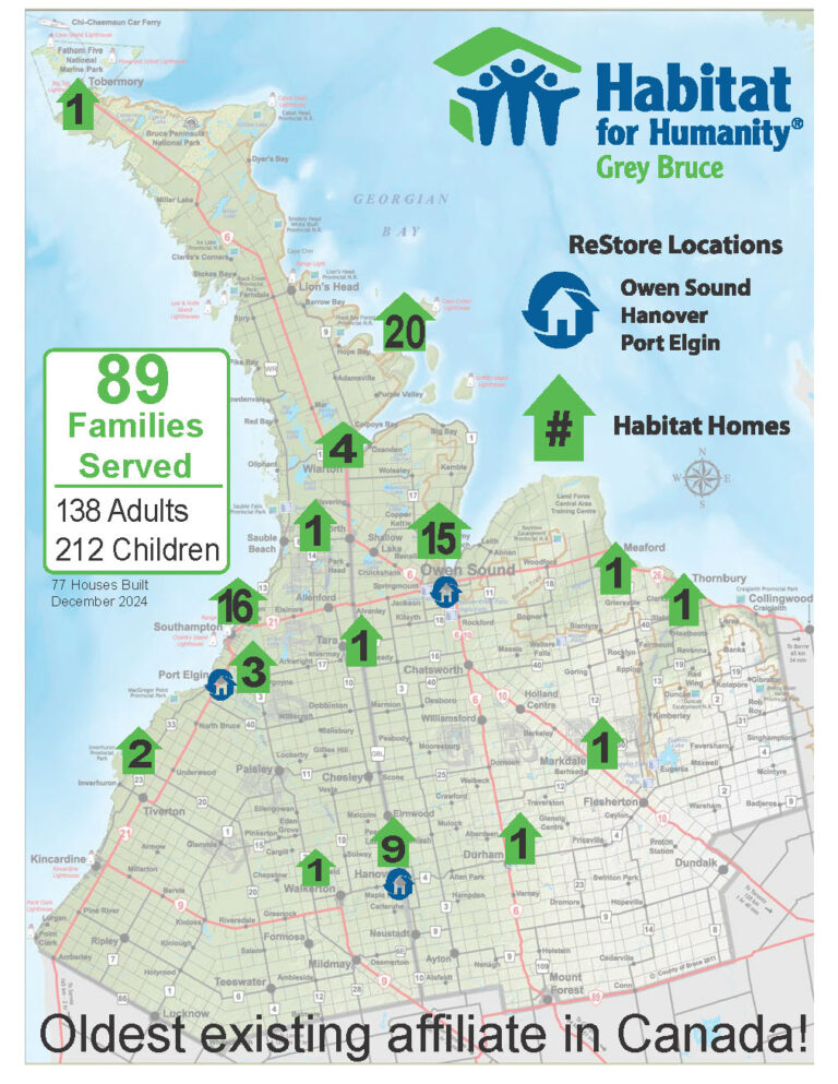 Map of Grey Bruce featuring the locations of the 77 Habitat Grey Bruce houses