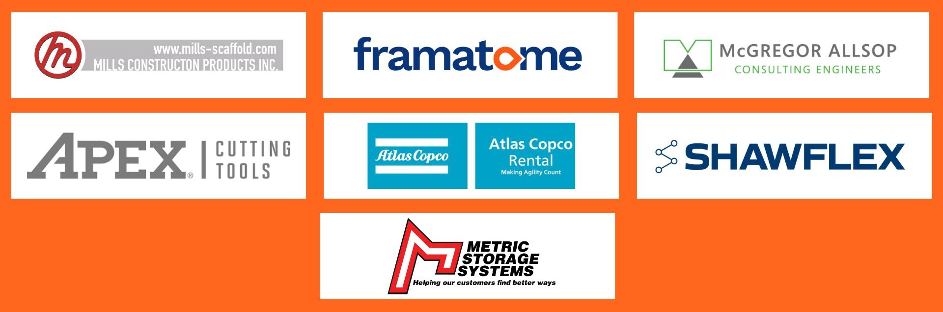 Gold Sponsors Logos: Mills Construction Products Inc logo; Framatome logo; McGregor Allsop Limited logo; Apex-Niagara Tool logo; Atlas Copco Speciality Rental Division logo, Shawflex logo, Metric Storage System logo