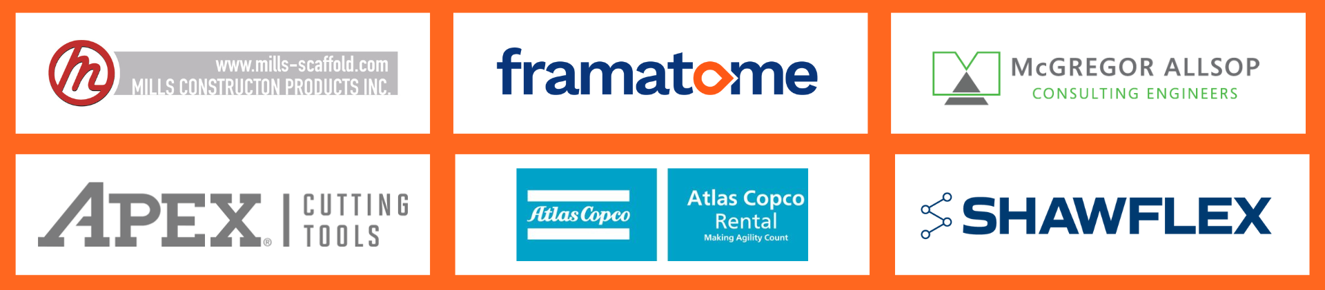 Gold Sponsors Logos: Mills Construction Products Inc logo; Framatome logo; McGregor Allsop Limited logo; Apex-Niagara Tool logo; Atlas Copco Speciality Rental Division logo, Shawflex logo