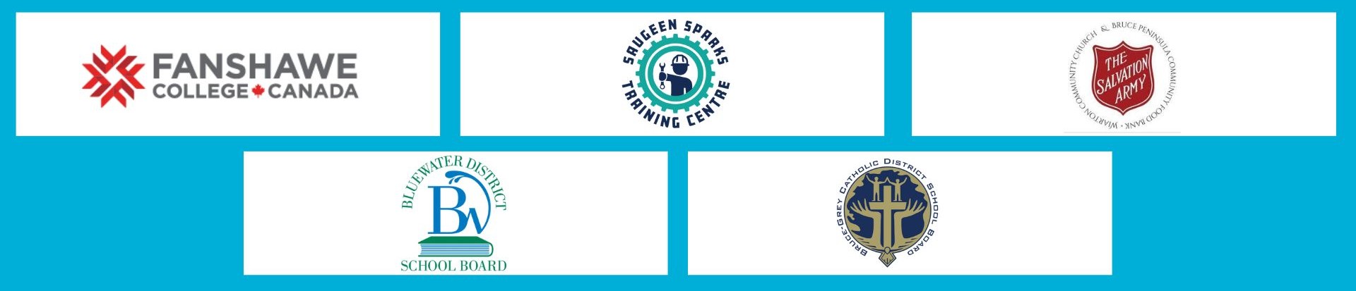 Fanshawe College logo, Saugeen Sparks Training Centre logo, The Wiarton Salvation Army logo, BWDSB logo, BGCDSB logo