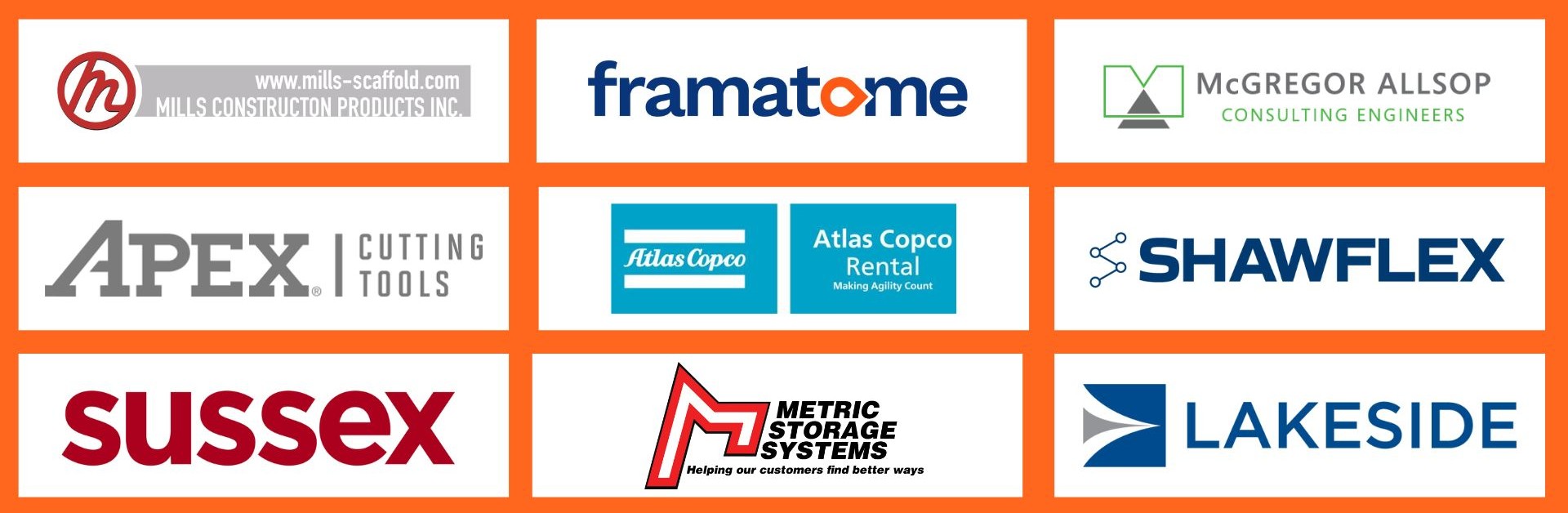 Gold Sponsors Logos: Mills Construction Products Inc logo; Framatome logo; McGregor Allsop Limited logo; Apex-Niagara Tool logo; Atlas Copco Speciality Rental Division logo, Shawflex logo, Sussex logo, Metric Storage System logo, Lakeside logo